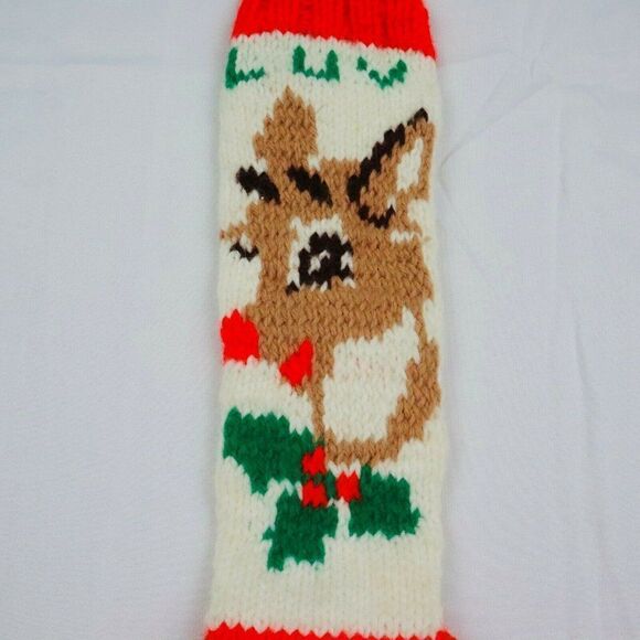 VTG Knitted Rudolph Stocking "Luv" Red Nose Reindeer Christmas Holly Handmade - Picture 2 of 7